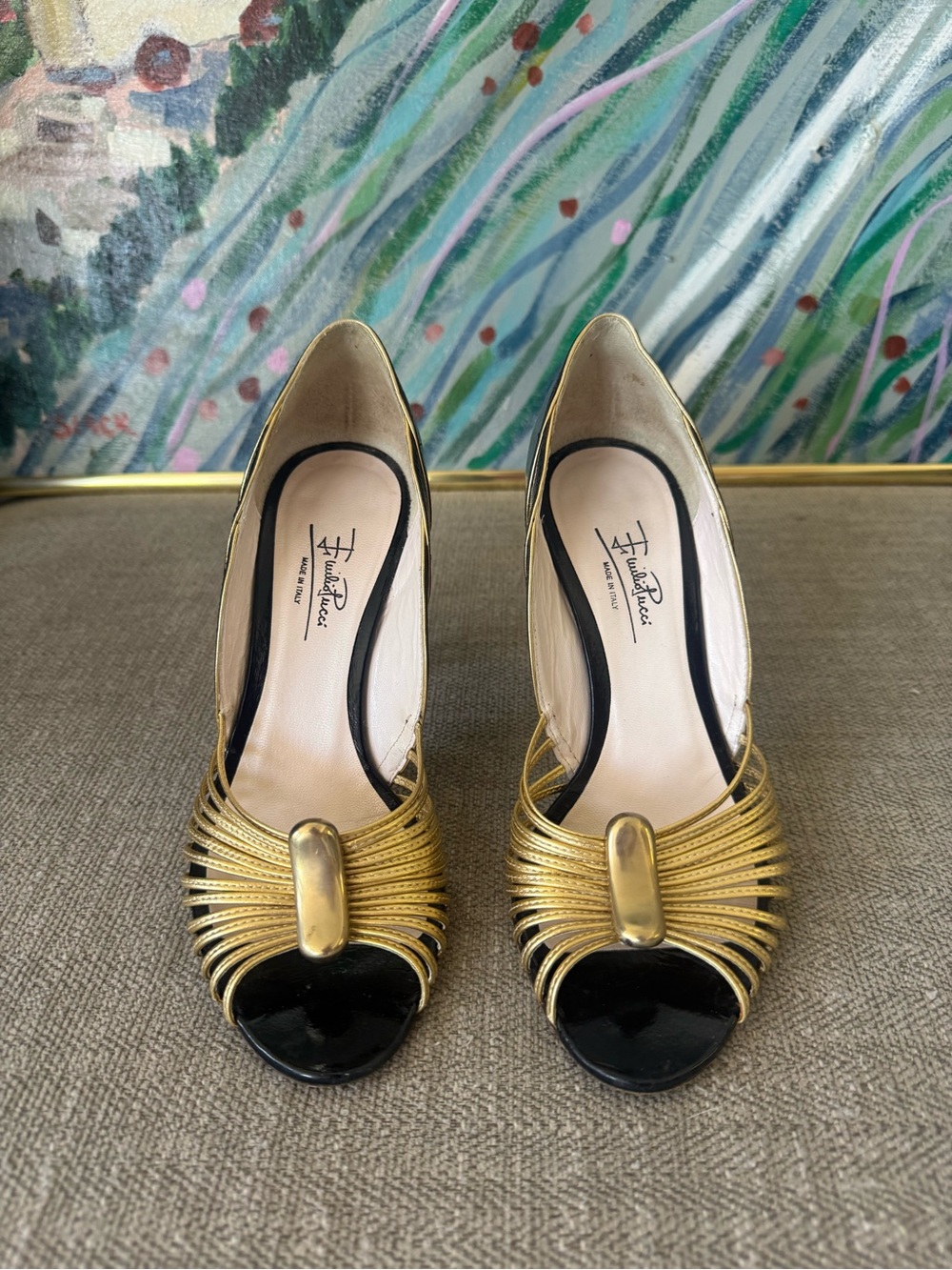 Emilio Pucci Gold and Black Girls' Open-Toe Dress Shoes